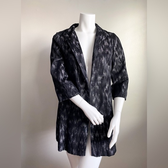 EILEEN FISHER Black Jacquard Open Front Long Blazer Jacket Coat Silver Artisan S - Picture 4 of 12